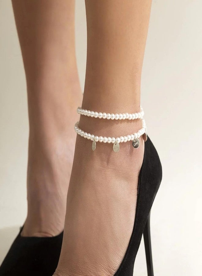 POTESSA Pearl Anklet Ankle Bracelet Silver Plated Round Beads Summer Beach Foot Jewelry for Women - Image 5